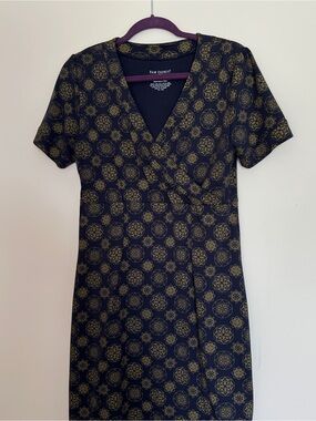 Fair Indigo Organic Pima Cotton Navy Midi Dress with Gold Geometric Print